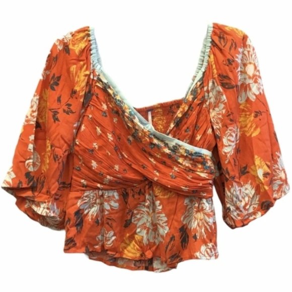 FREE PEOPLE Mirabella Floral Print Top BURNT Orange EUC sz S - Picture 4 of 6